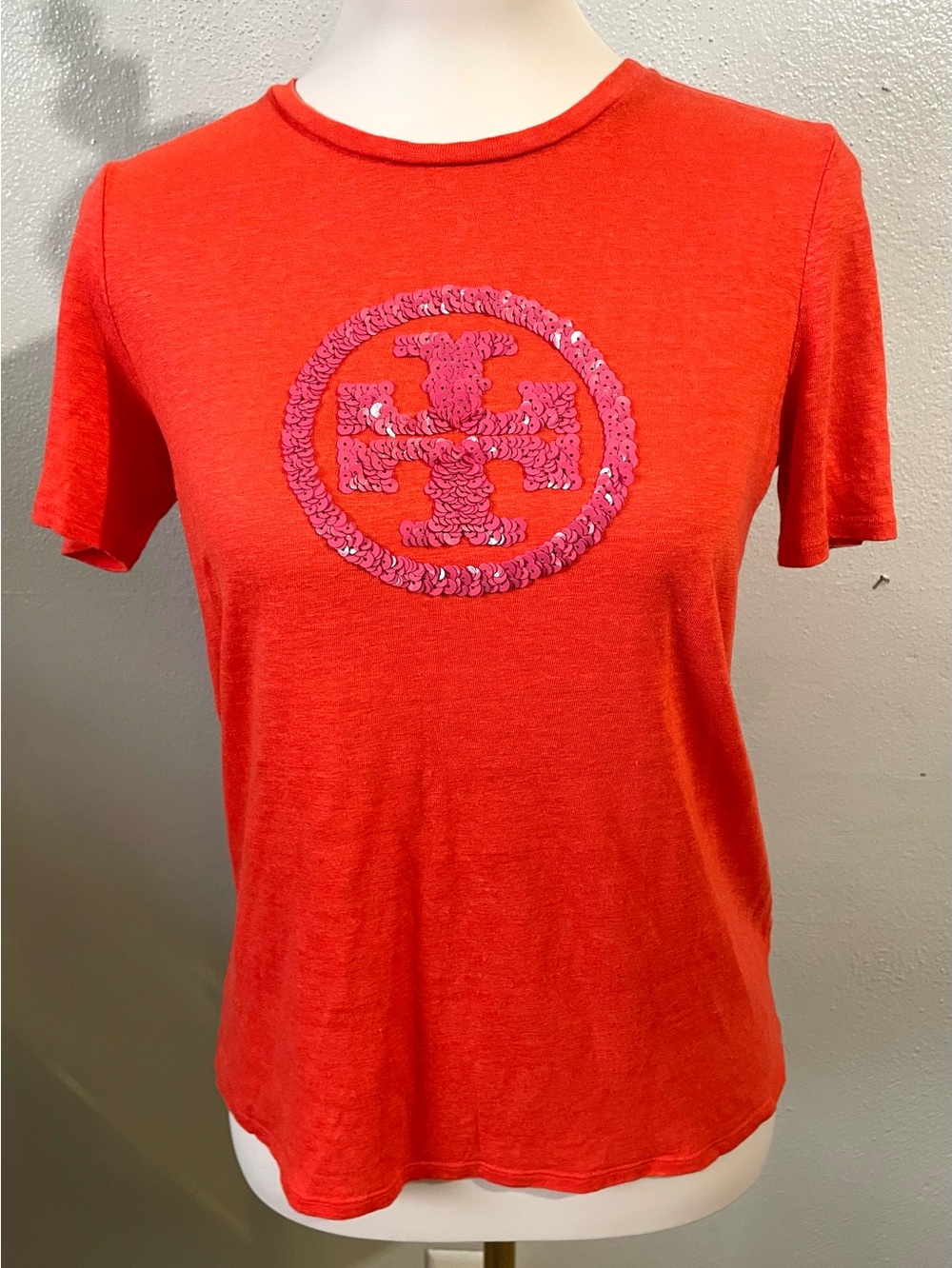 Tory Burch Orange Linen Blend Sequin Logo Short Sleeve Tee Quiet Luxury Preppy